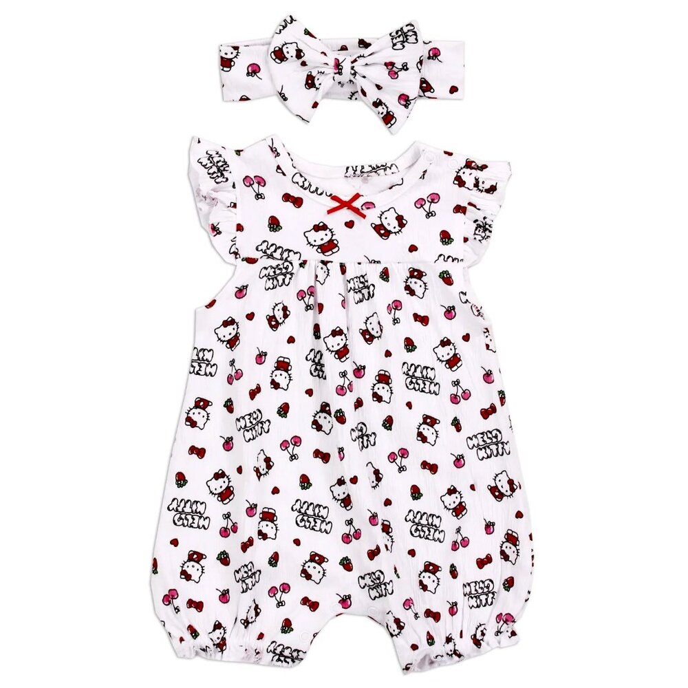 Hello Kitty Baby Girl Romper Headband Set | Size 3-6M  | White Pink Red Black